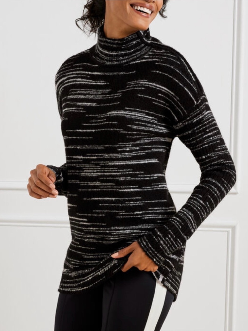 New Talbots Zip Mockneck Sweater Space Dye Black White Medium Petite NWT